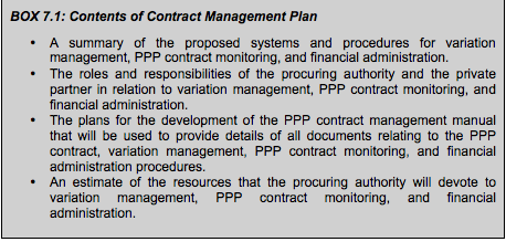 BOX 7.2: Contents of Contract Management Plan • A summary of the proposed systems and procedures for variation management, PPP contract monitoring, and financial administration. • The roles and responsibilities of the procuring authority and the private partner in relation to variation management, PPP contract monitoring, and financial administration. • The plans for the development of the PPP contract management manual that will be used to provide details of all documents relating to the PPP contract, variation management, PPP contract monitoring, and financial administration procedures. • An estimate of the resources that the procuring authority will devote to variation management, PPP contract monitoring, and financial administration.