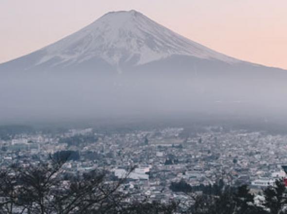 Pagoda looking onto Fujiyoshida mountain, Japan