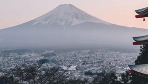 Pagoda looking onto Fujiyoshida mountain, Japan